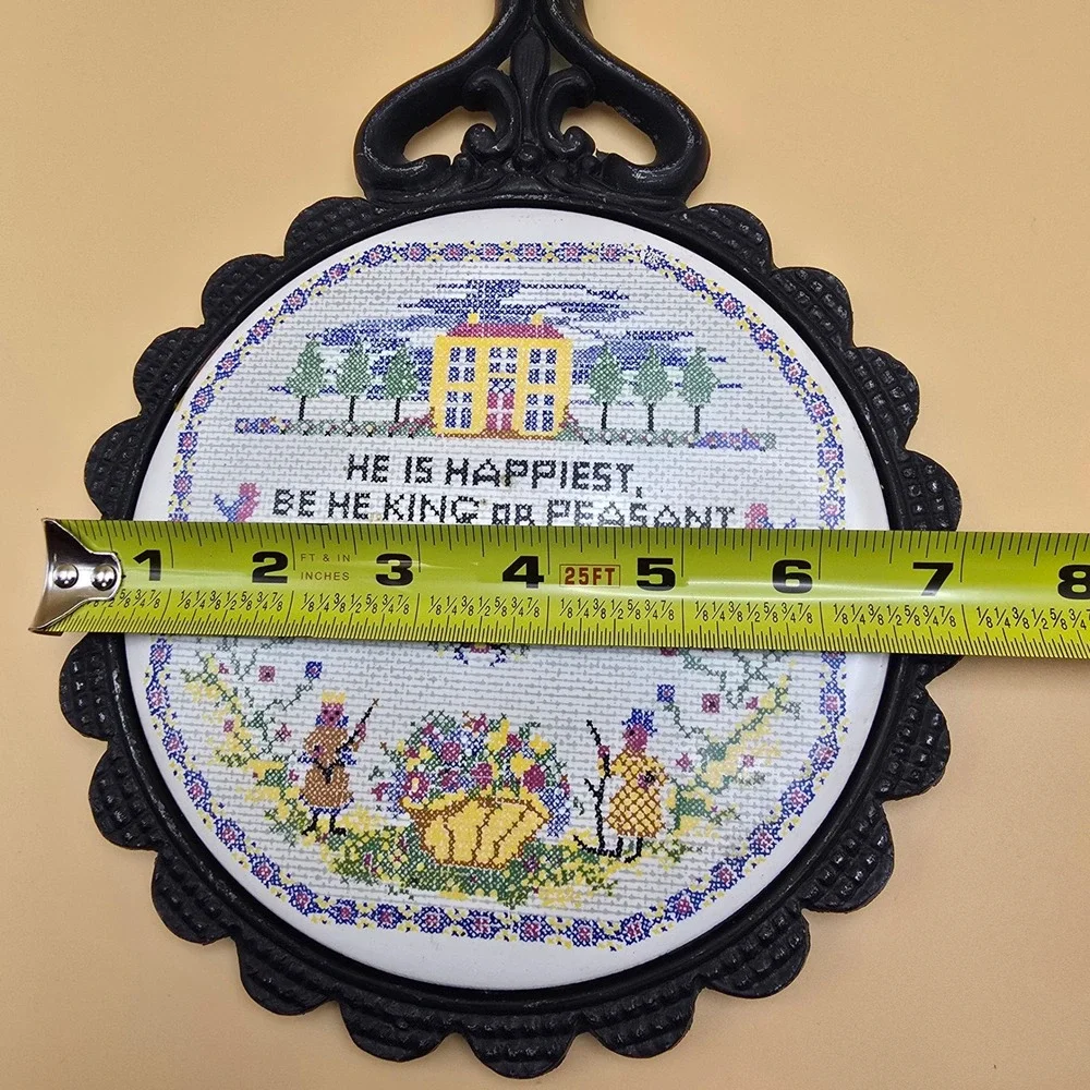 Vintage Cast Iron‎ Trivet Ceramic Insert Home Quote Cross Stitch Style Black